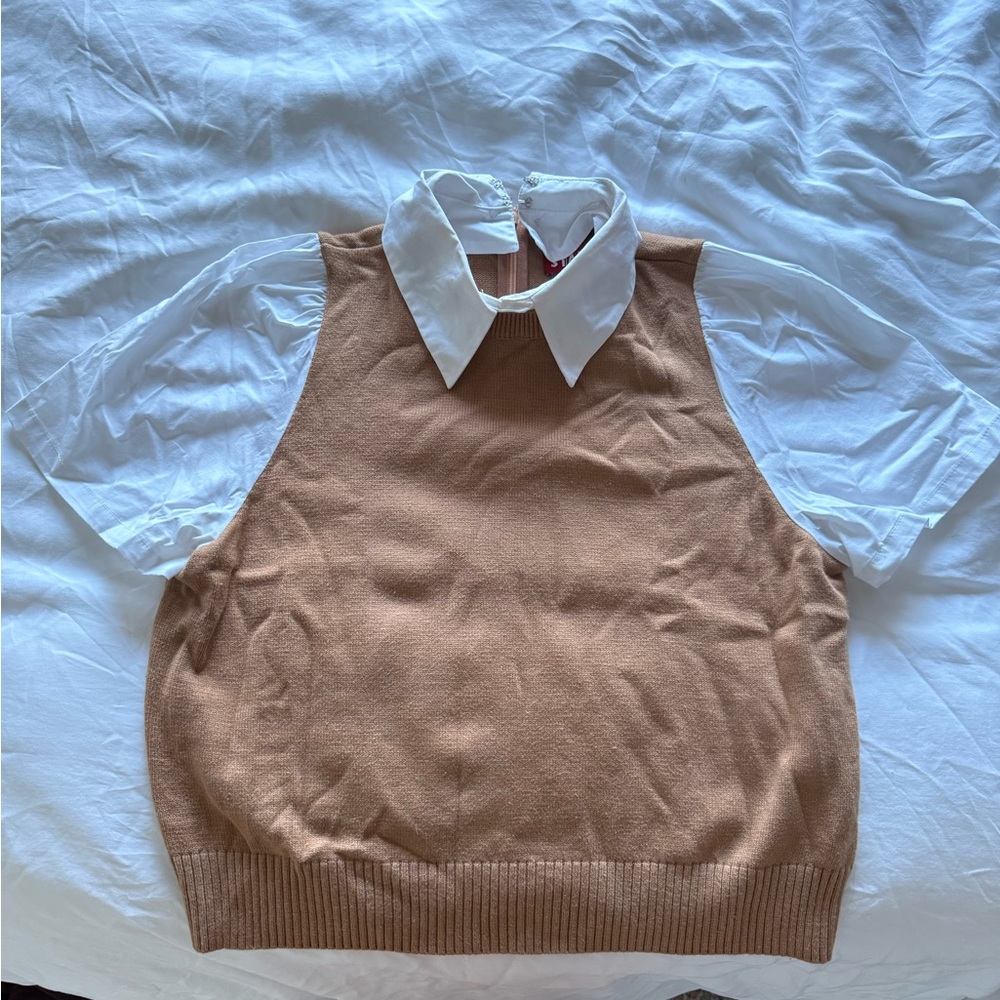 STAUD Tan Knit Vest with White Collar